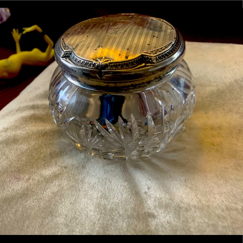 Antique Edwardian or Victorian sterling silver and Crystal jar